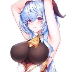Rule 34 | 1girl, armpits, bare shoulders, bell, bindong, blue hair, bodysuit, breasts, covered erect nipples, cowbell, ganyu (genshin impact), genshin impact, goat horns, hair between eyes, highres, horns, large breasts, long hair, looking at viewer, purple eyes, simple background, smile, solo, upper body, white background