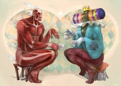 Rule 34 | 2boys, colossal titan, crossover, crown, cup, facial hair, giant, jewelry, katamari damacy, king of all cosmos, monster, multiple boys, muscular, mustache, necklace, nude, shingeki no kyojin, sitting, steam, tea, teacup, teapot, titan (shingeki no kyojin), what