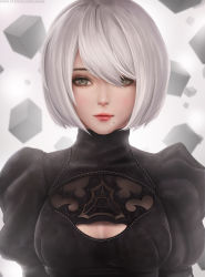 Rule 34 | 1girl, black dress, black hairband, blurry, blurry background, bob cut, breasts, breasts apart, cleavage, cleavage cutout, clothing cutout, cube, dress, facing viewer, hair over one eye, hairband, juliet sleeves, limgae, lips, lipstick, long sleeves, makeup, medium breasts, mole, mole under mouth, nier (series), nier:automata, no blindfold, nose, pink lips, pink lips, puffy sleeves, short hair, grey eyes, silver hair, solo, turtleneck, upper body, watermark, web address, 2b (nier:automata)