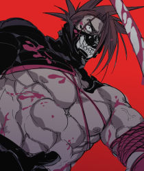 Rule 34 | 1boy, abs, bara, bare arms, bare pectorals, bare shoulders, biceps, blood, blood on clothes, covering own mouth, fate/grand order, fate (series), hair over one eye, half mask, igote, izayoi (hosiume-sukonnbu), japanese clothes, large pectorals, male focus, mask, muscular, muscular male, pectorals, red rope, rope, spiked hair, stomach, tanaka shinbei (fate), yaoi