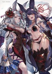 Rule 34 | 2girls, animal ears, backless outfit, bare shoulders, bell, black gloves, black legwear, blue eyes, blunt bangs, blush, breasts, cleavage, closed mouth, detached sleeves, erune, fang, folding fan, fox ears, fox tail, fur, fur trim, gloves, granblue fantasy, hair bell, hair ornament, hand fan, highres, hip focus, large breasts, long hair, looking at viewer, multiple girls, one eye closed, open mouth, ponytail, red eyes, ribbon, sidelocks, silver hair, simple background, smile, societte (granblue fantasy), sword, tail, thighs, very long hair, watao, weapon, white background, wide sleeves, yuel (granblue fantasy)