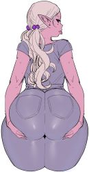 Rule 34 | 1girl, alternate costume, alternate hairstyle, ass, ass grab, ass support, dark-skinned female, dark elf, dark skin, denim, elf, elf-san wa yaserarenai., eyebrows, grabbing own ass, grey shirt, highres, huge ass, jeans, kuroeda-san, long hair, looking back, mole, mole under eye, pants, pocket, pointy ears, shade, shirt, silver hair, sketch, solo, synecdoche, thick thighs, thighs, tongue, tongue out, twintails, white background, wide hips