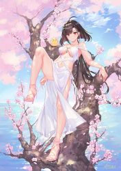 Rule 34 | 1girl, ahoge, anchor hair ornament, animal, artist name, ass, atdan, azur lane, bad id, bad twitter id, bare arms, bare legs, bare shoulders, bird, blue sky, breasts, brown hair, cherry blossoms, chick, closed mouth, cloud, collarbone, commentary, day, dress, earrings, feet, flower, hair ornament, hairclip, high heels, highres, horizon, independence (azur lane), jewelry, leg up, long hair, looking at viewer, low ponytail, medium breasts, mole, mole on thigh, outdoors, pelvic curtain, petals, pink flower, pink footwear, red eyes, sidelocks, sky, smile, solo, standing, standing on one leg, thighs, toes, tree, very long hair, water, white dress