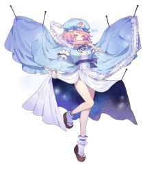 Rule 34 | 1girl, arm garter, artist name, blue dress, blue ribbon, blush, breasts, covering own mouth, dress, folding fan, frilled shirt collar, frilled sleeves, frilled socks, frills, full body, hand fan, hand up, hat, highres, holding, japanese clothes, kimono, knitting needle, leg up, legs, lifting own clothes, long sleeves, looking at viewer, medium breasts, mob cap, neck ribbon, needle, perri (mnemosine), pink eyes, pink hair, ribbon, saigyouji yuyuko, sandals, sash, short hair, socks, solo, space print, standing, starry sky print, tabi, thighs, touhou, triangular headpiece, twitter username, white background, white socks, wide sleeves, zouri