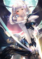 Rule 34 | 1girl, bare shoulders, blue eyes, breasts, dress, elbow gloves, flower, full moon, gloves, hair flower, hair ornament, hand up, highres, holding, holding sword, holding weapon, long hair, looking at viewer, medium breasts, moon, night, night sky, sdorica, shun (p-enguin), sione aldric, sky, solo, standing, sword, weapon, white gloves, white hair, white legwear