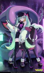 Rule 34 | akakura, arbok, belt, black dress, black footwear, black headwear, boots, claws, commentary request, copyright name, creatures (company), dog, dress, full body, game freak, gen 1 pokemon, gen 2 pokemon, green eyes, green hair, grin, hat, hatsune miku, highres, houndoom, jacket, looking at viewer, military hat, multicolored hair, neon lights, nintendo, off shoulder, official art, pink eyes, pink hair, pokemon, pokemon (creature), project voltage, purple belt, sidelocks, sleeveless, sleeveless dress, smile, snake, standing, streaked hair, team rocket, team rocket uniform, thigh boots, tongue, tongue out, twintails, vocaloid, white jacket