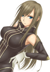 Rule 34 | 00s, 1girl, armpits, blue eyes, blush, breasts, brown hair, dutch angle, gloves, hair over one eye, large breasts, long hair, looking at viewer, parted lips, ribucci, simple background, sleeveless, solo, swept bangs, tales of (series), tales of the abyss, tear grants, white background