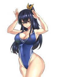 Rule 34 | 1girl, blue hair, blue one-piece swimsuit, breasts, brown eyes, cleavage, eden&#039;s zero, female focus, hair between eyes, highres, homura kogetsu, large breasts, long hair, looking at viewer, mashima hiro, mole, mole under eye, official art, one-piece swimsuit, parted bangs, rabbit pose, simple background, smile, solo, swimsuit, thighs, white background