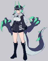 Rule 34 | 1girl, black footwear, black hat, boots, claws, commentary request, dragon girl, dragon horns, extra arms, green horns, grey background, hat, horns, knee boots, long hair, original, peaked cap, sasa onigiri, shorts, shorts under skirt, silver hair, simple background, solo, tail, yellow eyes