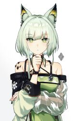 Rule 34 | 1girl, animal ears, arknights, asymmetrical sleeves, bare shoulders, breasts, cat ears, cat girl, criss-cross halter, detached collar, dress, green dress, green eyes, green hair, grey background, halterneck, hand on own chin, highres, jewelry, kal&#039;tsit (arknights), long sleeves, looking at viewer, material growth, mismatched sleeves, nanatsuka, off-shoulder dress, off shoulder, oripathy lesion (arknights), redrawn, ring, see-through, see-through sleeves, short hair, simple background, small breasts, solo, star of life, stethoscope, straight-on, upper body