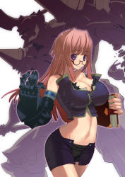 Rule 34 | 1girl, armor, asymmetrical clothes, bare shoulders, book, breasts, brown hair, cleavage, covered erect nipples, gauntlets, glasses, huge breasts, long hair, makishima azusa, mecha, midriff, miniskirt, navel, pencil skirt, purple eyes, robot, skirt, smile, solo