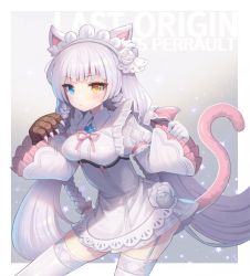 Rule 34 | 1girl, animal ears, animal hands, asymmetrical gloves, blue eyes, blue gemstone, blush, bow, braid, breasts, brown gloves, cat ears, cat girl, cat tail, character name, claw (weapon), closed mouth, copyright name, dress, eyelashes, flower, frilled sleeves, frills, garter straps, gem, gloves, glowing, grey bow, grey hair, heterochromia, last origin, long eyelashes, long hair, looking at viewer, lunaticmed, maid headdress, mismatched gloves, multicolored bow, perrault (last origin), pink bow, pink ribbon, puffy sleeves, ribbon, rose, skindentation, solo, star (symbol), tail, thighhighs, twintails, very long hair, weapon, white dress, white flower, white gloves, white rose, white thighhighs, yellow eyes
