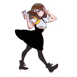 Rule 34 | 1girl, :&gt;, breasts, brown hair, closed mouth, full body, gatchaman crowds, hair ornament, high-waist skirt, ichinose hajime, ilya kuvshinov, long hair, looking at viewer, pantyhose, school uniform, simple background, skirt, smile, solo, v, white background