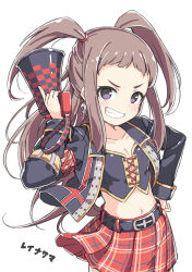 Rule 34 | 1girl, belt, black belt, black jacket, black shirt, blush, breasts, brown hair, character name, cleavage, collarbone, cowboy shot, crop top, cropped shirt, dot nose, earrings, grin, hair tie, hand on own hip, hand up, holding, holding megaphone, idolmaster, idolmaster cinderella girls, idolmaster cinderella girls starlight stage, jacket, jewelry, koseki reina, kuresuku (lessons), long hair, long sleeves, looking at viewer, megaphone, midriff, navel, open clothes, open jacket, plaid, plaid skirt, pleated skirt, purple eyes, red skirt, shirt, simple background, skirt, skull earrings, small breasts, smile, solo, standing, strapless, strapless shirt, two side up, v-shaped eyebrows, white background, wind, wind lift