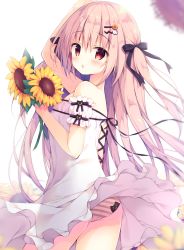 Rule 34 | 1girl, arm up, ass, bare shoulders, black bow, blurry, blurry background, blush, bow, chestnut mouth, commentary, depth of field, detached sleeves, dress, flower, hair between eyes, hair bow, hair ornament, hairclip, hat, holding, holding flower, izumiyuhina, long hair, looking at viewer, looking to the side, off-shoulder dress, off shoulder, original, panties, parted lips, pink hair, puffy short sleeves, puffy sleeves, red eyes, short sleeves, sidelocks, solo, straw hat, striped clothes, striped panties, sunflower, symbol-only commentary, two side up, underwear, unworn hat, unworn headwear, very long hair, white background, white dress, yellow flower