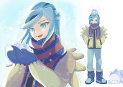 Rule 34 | 1boy, :d, absurdres, blue footwear, blue mittens, blue scarf, boots, closed mouth, commentary request, creatures (company), eyelashes, game freak, gen 8 pokemon, green eyes, green pants, grusha (pokemon), hands in pockets, hands up, highres, holding, holding pokemon, jacket, long sleeves, male focus, mittens, multiple views, nintendo, on head, open mouth, pants, pokemon, pokemon (creature), pokemon on head, pokemon sv, ryusa (gjgd7445), scarf, smile, snom, standing, striped clothes, striped scarf, teeth, upper teeth only, yellow jacket