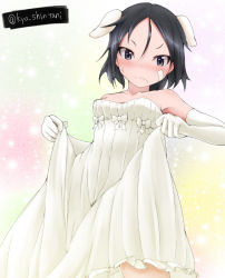 Rule 34 | 10s, 1girl, animal ears, bad id, bad pixiv id, bandage on face, bandages, black hair, blush, brave witches, bridal gauntlets, clothes lift, collarbone, dress, dress lift, gradient background, grey eyes, kanno naoe, shintani kyou, short hair, solo, strike witches, wedding dress, world witches series