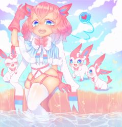 Rule 34 | 1girl, blue eyes, blue sky, blush, bow, bug, butterfly, cloud, cloudy sky, creatures (company), dear-cotton-candy, fang, game freak, garter belt, garter straps, gen 6 pokemon, gloves, gradient sky, hair between eyes, hand up, heart, insect, looking at viewer, medium hair, nintendo, open mouth, outdoors, personification, pink gloves, pink hair, pokemon, pokemon (creature), sitting, skindentation, sky, smile, sylveon, tail, thighhighs, water