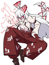 Rule 34 | 1girl, absurdres, bow, collared shirt, commentary, eddybird55555, english commentary, fire, fujiwara no mokou, hair bow, hand in pocket, highres, long hair, long sleeves, looking at viewer, pants, red eyes, red pants, sharp teeth, shirt, simple background, solo, suspenders, teeth, touhou, white background, white hair, white shirt