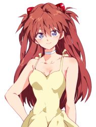Rule 34 | 1girl, bare shoulders, blue eyes, breasts, brown hair, choker, chokota, cleavage, closed mouth, commentary request, dress, hair ornament, hand on own hip, long hair, looking at viewer, medium breasts, neon genesis evangelion, simple background, smile, solo, souryuu asuka langley, upper body, white background, yellow dress