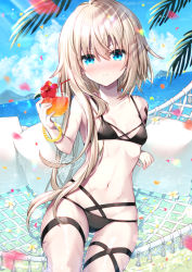 Rule 34 | 1girl, :o, bendy straw, bikini, black bikini, blonde hair, blue eyes, blush, breasts, closed mouth, collarbone, commentary request, cup, drink, drinking glass, drinking straw, flower, gluteal fold, hair between eyes, hammock, hand up, holding, long sleeves, multi-strapped bikini, navel, nose blush, original, petals, pillow, red flower, small breasts, solo, swimsuit, tia-chan, uchuuneko, water