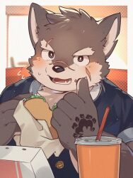 Rule 34 | 1boy, animal ears, bara, blush, brown eyes, brown fur, brown hair, burger, dog boy, dog ears, drink, facial scar, food, food on face, forked eyebrows, furry, furry male, hand tattoo, highres, holding, holding food, male focus, moritaka (housamo), open mouth, scar, scar on cheek, scar on face, scar on nose, school uniform, short hair, solo, sweatdrop, takeout container, tattoo, thick eyebrows, tokyo houkago summoners, two-tone fur, white fur, wieneko