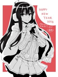 Rule 34 | 10s, 1girl, 2016, black eyes, black hair, black pantyhose, cape, cowboy shot, doll, earmuffs, happy new year, holding, holding doll, kojima saya, long sleeves, looking at viewer, monochrome, new year, original, pantyhose, pleated skirt, pom pom (clothes), red background, ribbed sweater, sidelocks, skirt, smile, solo, sweater, translation request