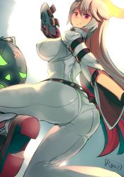 Rule 34 | 1girl, ass, ball and chain (weapon), belt, blonde hair, breasts, spiked halo, grin, guilty gear, guilty gear xrd, halo, highres, hip focus, jack-o&#039; valentine, large breasts, long hair, looking at viewer, looking back, mask, pants, red eyes, ryuji (red-truth), signature, smile, solo, thighs, tight clothes, tight pants, very long hair, wide hips