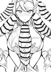 1girl blush breasts erection gatyo_5 greyscale huge_breasts large_breasts looking_at_viewer monochrome penis penis_awe pyra_(xenoblade) short_hair shorts sitting thighs wariza