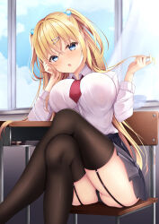 Rule 34 | 1girl, :o, absurdres, ass, black panties, black skirt, black thighhighs, blonde hair, blue eyes, blue sky, blush, breasts, chair, cloud, commentary request, curtains, desk, garter straps, hair bobbles, hair ornament, hairclip, hanonokusa, highres, large breasts, long hair, long sleeves, looking at viewer, necktie, open mouth, original, panties, partially visible vulva, red necktie, school chair, school desk, school uniform, shirt, sitting, skirt, sky, solo, thighhighs, thighs, two side up, underwear, white shirt, window