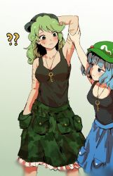 Rule 34 | 2girls, ?, ??, armpits, black tank top, blue eyes, blue hair, blue skirt, camouflage, camouflage headwear, camouflage skirt, closed mouth, collarbone, commentary, english commentary, flat cap, gradient background, green eyes, green hair, green headwear, green skirt, hat, highres, himuhino, jaggy lines, kawashiro nitori, key, long hair, multiple girls, short hair, sketch, skirt, tank top, touhou, yamashiro takane