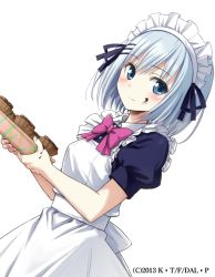 Rule 34 | 1girl, apron, blue eyes, blue ribbon, blue shirt, bow, bowtie, chocolate, chocolate on face, date a live, dutch angle, food, food on face, hair between eyes, hair ribbon, holding, konoe (fogtracks), looking at viewer, looking away, maid headdress, purple bow, purple bowtie, ribbon, shirt, short hair, short sleeves, silver hair, solo, standing, tobiichi origami, transparent background, white apron