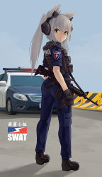 Rule 34 | animal ears, ass, assault rifle, black footwear, blue pants, blue shirt, boots, bulletproof vest, car, chinese commentary, chinese text, commentary request, fang zhenjun, from behind, full body, grey hair, gun, headgear, headphones, holster, looking at viewer, motor vehicle, original, pants, police, police car, police uniform, policewoman, rifle, shirt, short sleeves, sidelocks, tactical clothes, thigh holster, translation request, two side up, uniform, weapon, weapon request, yellow eyes