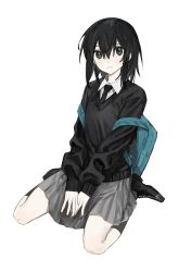 Rule 34 | 1girl, backpack, bag, black footwear, black hair, black necktie, black socks, black sweater, closed mouth, collared shirt, female focus, grey skirt, highres, looking at viewer, medium hair, necktie, original, own hands together, shirt, shoes, simple background, sitting, skirt, socks, solo, sweater, white background, white shirt, xxxsoiu1