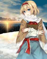 Rule 34 | 1girl, alice margatroid, apple, bag, blonde hair, blue dress, blue eyes, breath, cloud, cloudy sky, commentary request, crossed arms, dress, fingernails, food, forest, frilled sleeves, frills, fruit, grocery bag, hair between eyes, hairband, highres, holding, holding bag, long sleeves, nature, outdoors, parted lips, rinarisa, sash, scarf, scenery, shawl, shopping bag, short hair, sky, snow, solo, standing, sunset, touhou, white scarf, winter