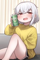 Rule 34 | 1girl, absurdres, bare legs, beer can, black shorts, blush, can, dolphin shorts, drink can, fang, female focus, highres, holding, holding can, hourglass 02, long sleeves, looking at viewer, medium hair, open mouth, original, red eyes, short shorts, shorts, sitting, slit pupils, solo, white hair