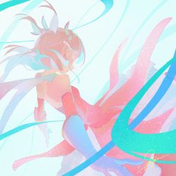 Rule 34 | 1girl, absurdres, aqua theme, bare shoulders, closed eyes, dress, fate/kaleid liner prisma illya, fate (series), feather hair ornament, feathers, floating hair, gloves, grey hair, hair ornament, highres, illyasviel von einzbern, jdge, layered gloves, long hair, magical girl, outstretched arms, pink dress, pink gloves, pink theme, prisma illya, signature, sleeveless, sleeveless dress, solo, spread arms, white gloves