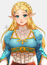 Rule 34 | 1girl, aqua eyes, artist name, blush, braid, breasts, crown braid, grey background, hair ornament, hairclip, long hair, long pointy ears, looking at viewer, medium breasts, moon mirage, nintendo, parted lips, pointy ears, princess zelda, smile, solo, the legend of zelda, the legend of zelda: breath of the wild