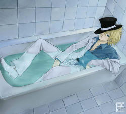 Rule 34 | 1boy, alice? (are you alice?), are you alice?, artist request, bathing, bathroom, bathtub, blonde hair, blue eyes, blue shirt, formal, hat, looking at viewer, male focus, one eye closed, shirt, short hair, sitting, solo, suit, top hat, water, wet, white suit