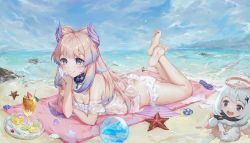 Rule 34 | 2girls, bare shoulders, barefoot, beach, bikini, blue eyes, blue sky, blush, breasts, butt crack, cleavage, closed mouth, cup, drink, drinking glass, drinking straw, fairy, feet, frilled bikini, frills, genshin impact, gloves, halo, highres, lying, mkice, multiple girls, ocean, on stomach, open mouth, outdoors, paimon (genshin impact), pink hair, sand, sangonomiya kokomi, seashell, shell, sky, small breasts, smile, soles, starfish, swimsuit, toes, white bikini, white gloves