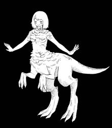 Rule 34 | 1girl, alternate species, black background, claws, closed eyes, closed mouth, completely nude, dinosaur girl, dungeon meshi, falin touden, feathers, frs2, full body, greyscale, hands up, high contrast, highres, monochrome, monster girl, nude, outstretched arms, short hair, simple background, smile, solo, spoilers, standing, taur