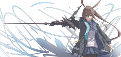 Rule 34 | 1girl, absurdres, amiya (arknights), animal ears, arknights, ascot, black jacket, black pantyhose, blue ascot, blue eyes, blue skirt, brown hair, closed mouth, commentary request, female focus, hair between eyes, highres, holding, holding sword, holding weapon, hood, hood down, hooded jacket, jacket, long hair, looking at viewer, open clothes, open jacket, outstretched arm, pantyhose, pleated skirt, ponytail, rabbit ears, ribbed shirt, shirt, shoshu, simple background, skirt, solo, sword, v-shaped eyebrows, very long hair, weapon, white background, white shirt