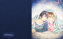 Rule 34 | 2boys, artist name, blue eyes, copyright name, dlsite.com, gaku (dlsite), glasses, head rest, heart, heart print, highres, hood, hoodie, kas92, looking at another, male focus, minato (dlsite), multiple boys, official art, official wallpaper, shirt, star (symbol), striped clothes, striped shirt, under covers, wallpaper, yellow eyes