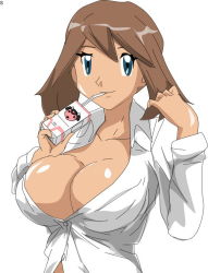 Rule 34 | 1girl, alternate costume, artist request, blue eyes, breasts, brown hair, cleavage, collarbone, creatures (company), drink, drinking, fallere825, female focus, game freak, gen 2 pokemon, hair between eyes, hands up, large breasts, long sleeves, looking at viewer, may (pokemon), milk, miltank, neck, nintendo, open clothes, open shirt, pokemon, pokemon (anime), pokemon (creature), pokemon rse, shiny skin, shirt, short hair, simple background, smile, straw, upper body, white background, white shirt