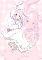 Rule 34 | 1girl, absurdres, alternate costume, animal ears, barefoot, blue ribbon, braid, chinese commentary, commentary request, english text, fake animal ears, fake tail, full body, grid background, highres, long sleeves, looking at viewer, onesie, pajamas, peri (qq2748089832), pink background, playing with hair, playing with own hair, pout, purple eyes, purple hair, quinella, rabbit, rabbit ears, rabbit pajamas, rabbit tail, recurring image, ribbon, short hair with long locks, solo, star (symbol), sword art online, tail, twin braids, white pajamas