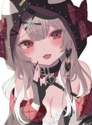 Rule 34 | 1girl, animal hood, black collar, braid, breasts, camisole, cleavage, collar, fang, fingerless gloves, frilled camisole, frills, gloves, grey hair, hair ornament, heart collar, heart pendant, highres, hololive, hood, hood up, kou (10 no cut), large breasts, looking at viewer, multicolored hair, nail polish, off-shoulder jacket, off shoulder, orca hood, red eyes, red nails, sakamata chloe, sakamata chloe (1st costume), skin fang, streaked hair, virtual youtuber, white camisole, x hair ornament
