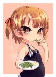 Rule 34 | 1girl, asparagus, bad id, bad pixiv id, belly, brown eyes, brown hair, eating, food, food on face, hair ribbon, mano (shampoohatter), marui mitsuba, mitsudomoe, plate, plump, ribbon, short twintails, solo, twintails