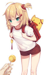 Rule 34 | 1girl, aged down, ahoge, akai haato, bandaid, blonde hair, blue eyes, blush, breasts, candy, child, commentary request, food, frown, hair ornament, hairclip, highres, holding, holding candy, holding food, holding lollipop, hololive, lollipop, long hair, looking at viewer, neps-l, pig, red bag, red shorts, short hair, short sleeves, shorts, simple background, solo focus, virtual youtuber, white background