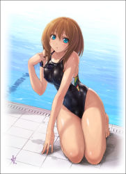 Rule 34 | 1girl, blue eyes, blush, breasts, brown hair, competition swimsuit, curvy, goggles, goggles around neck, kneeling, looking at viewer, nyanko batake, one-piece swimsuit, original, pool, shiny skin, short hair, solo, speedo (company), swimsuit, thick thighs, thighs, wet, wet clothes, wet swimsuit, wide hips