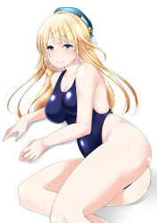 Rule 34 | 10s, 1girl, absurdres, ass, atago (kancolle), beret, blonde hair, blue eyes, blue one-piece swimsuit, hat, highleg, highleg swimsuit, highres, kantai collection, looking at viewer, lying, on side, one-piece swimsuit, school swimsuit, smile, solo, swimsuit, white background, yuzuri ai (ichigo crown)